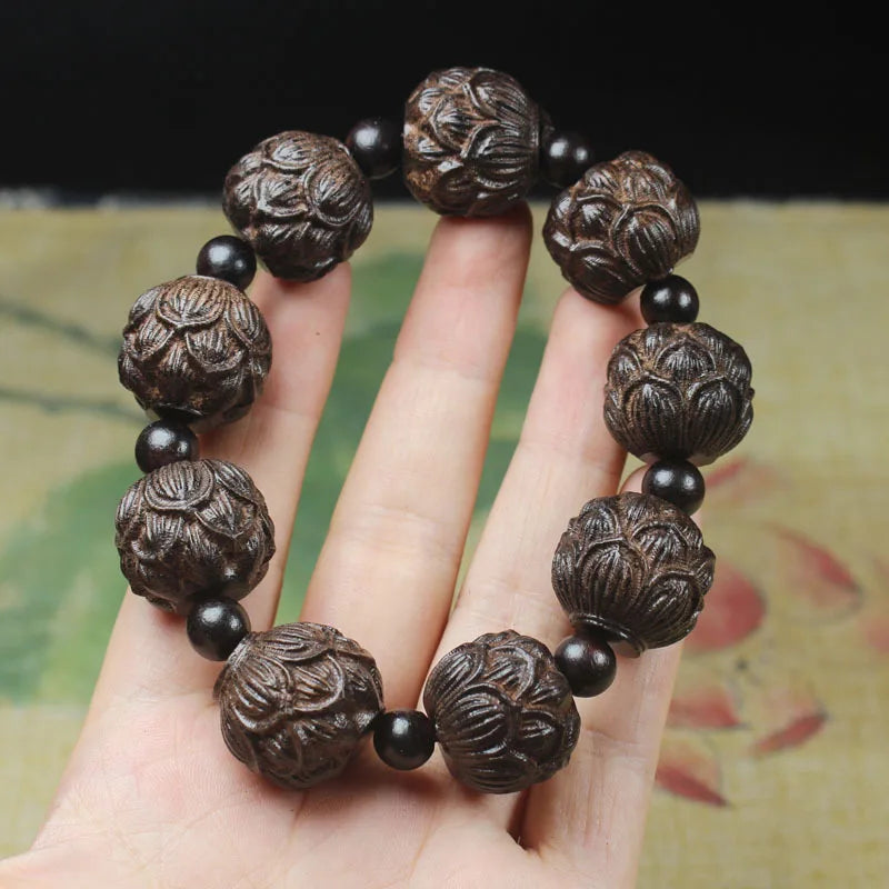 handmade wood engraving stretch good luck buddha Avalokitesvara lotus bracelet men jewelry