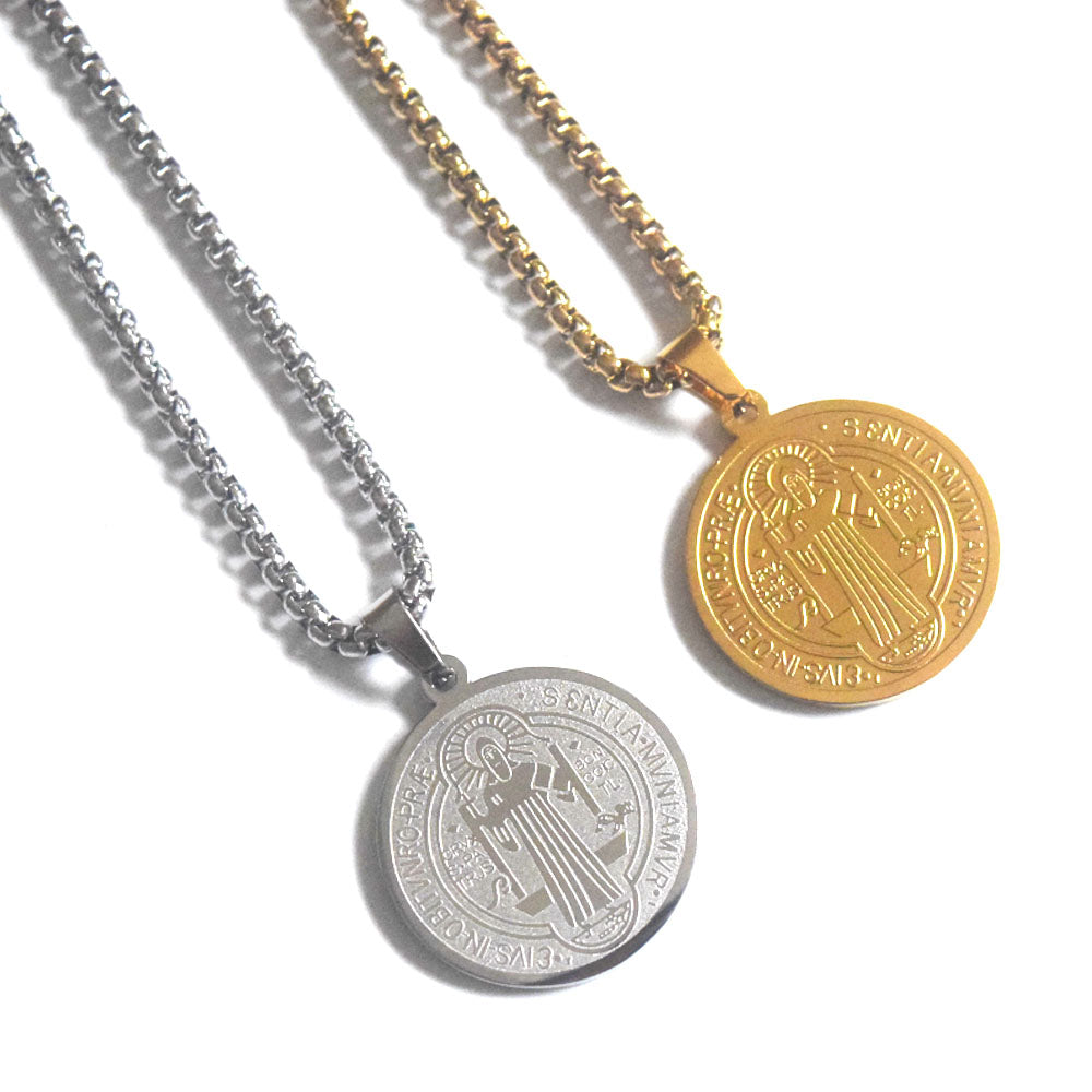 vintage stainless steel 2.45cm diameter saint benedict medal coin charm pendant necklace jewelry