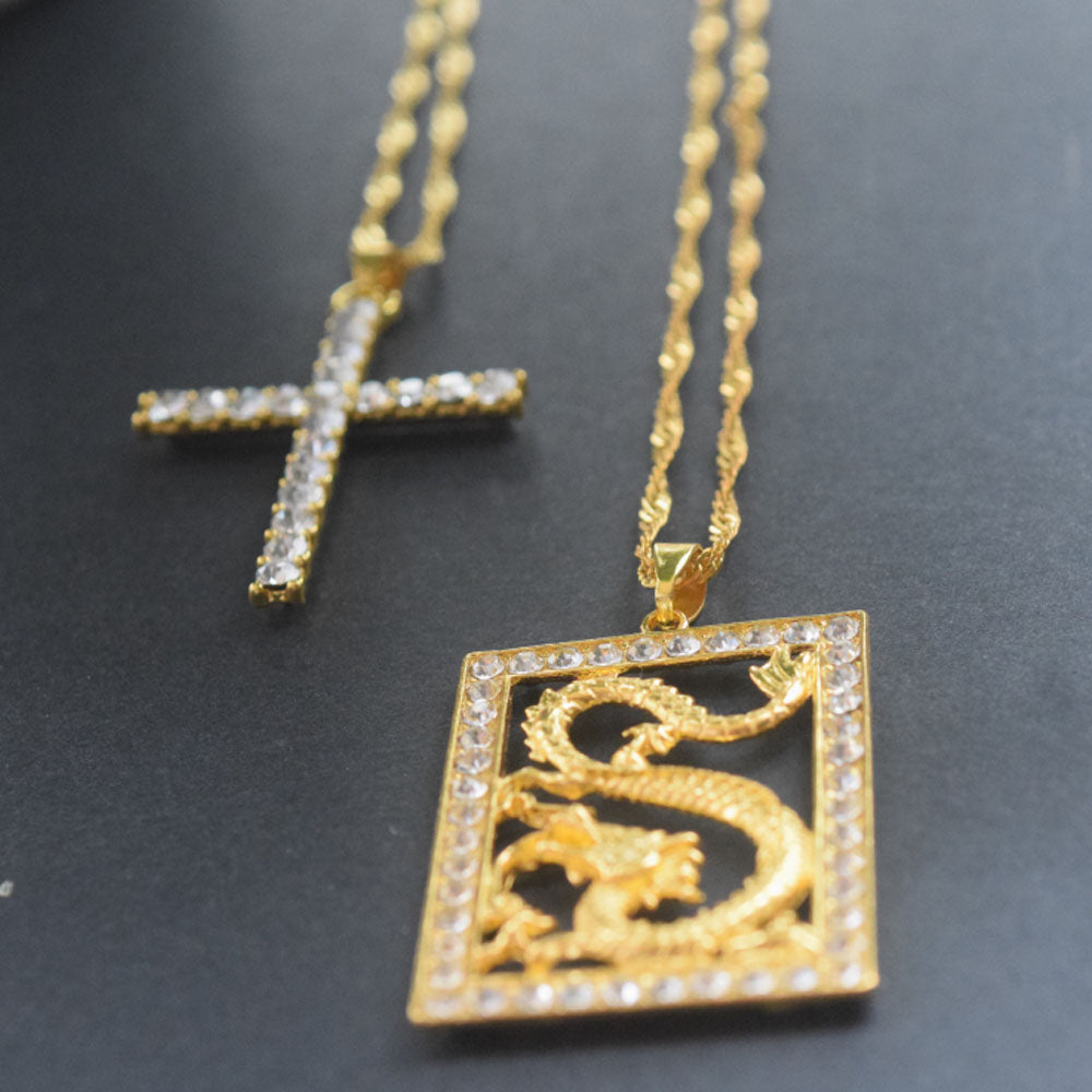 fashion alloy gold plated dragon and cross pendant necklace jewelry women