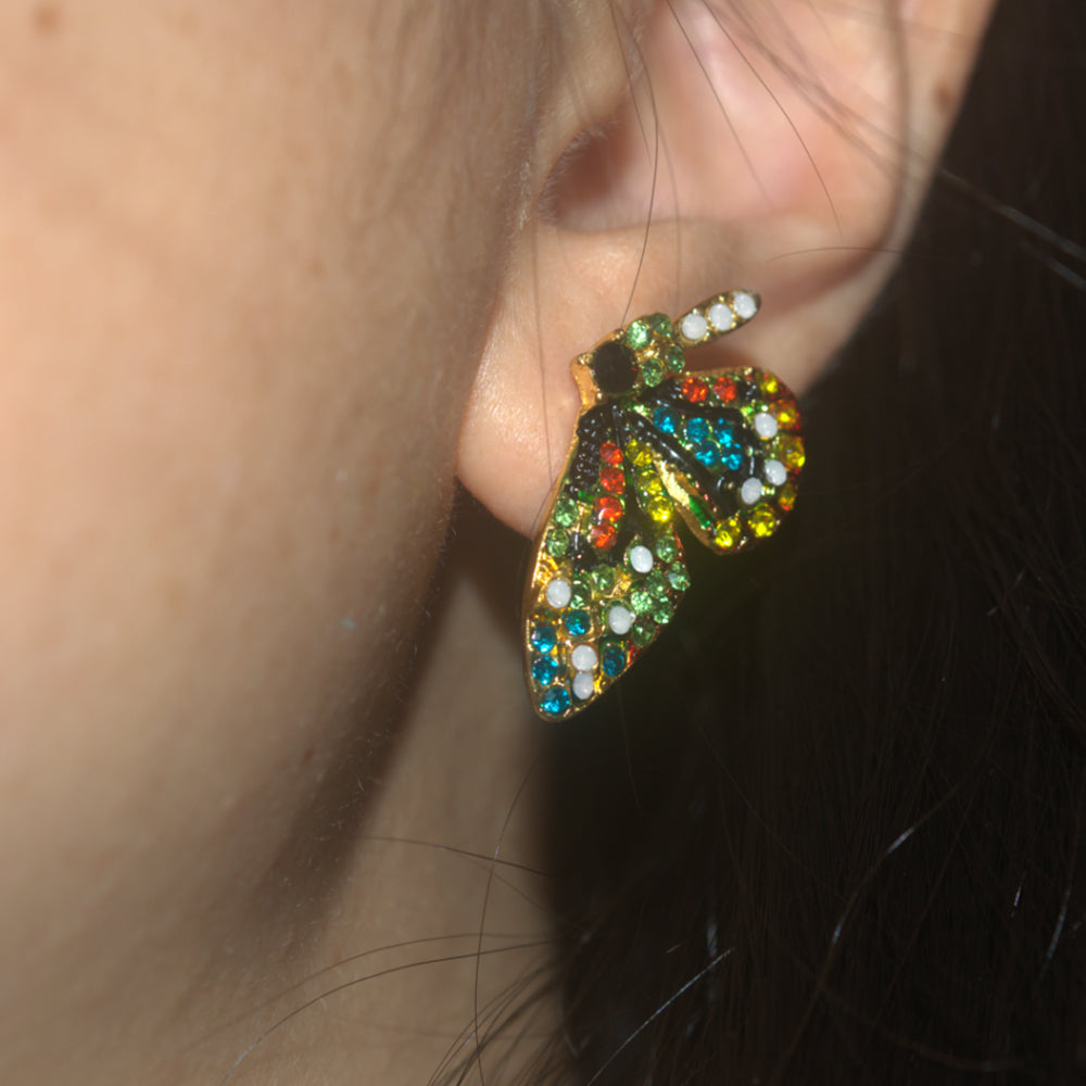 Fashion personality cute gold butterfly ear nail zinc alloy rainbow crystal rhinestone butterfly earrings