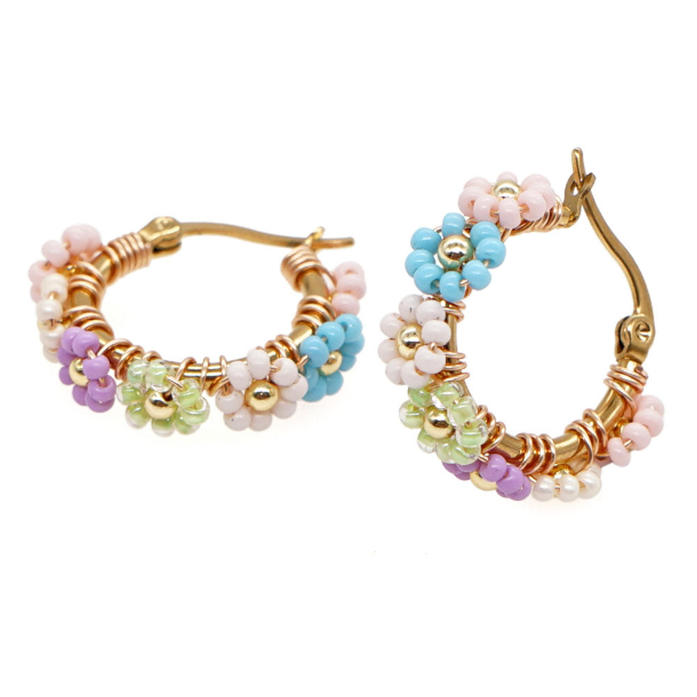 multi colored Glass seed beads beaded flower hoop earrings small 2.5cm earring jewelry for women