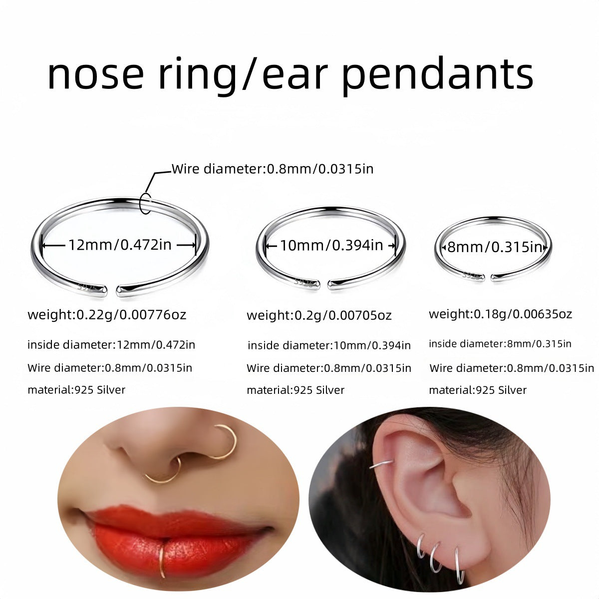 adjustable 925 sterling silver piercing circle nose rings ear rings for pierced body design