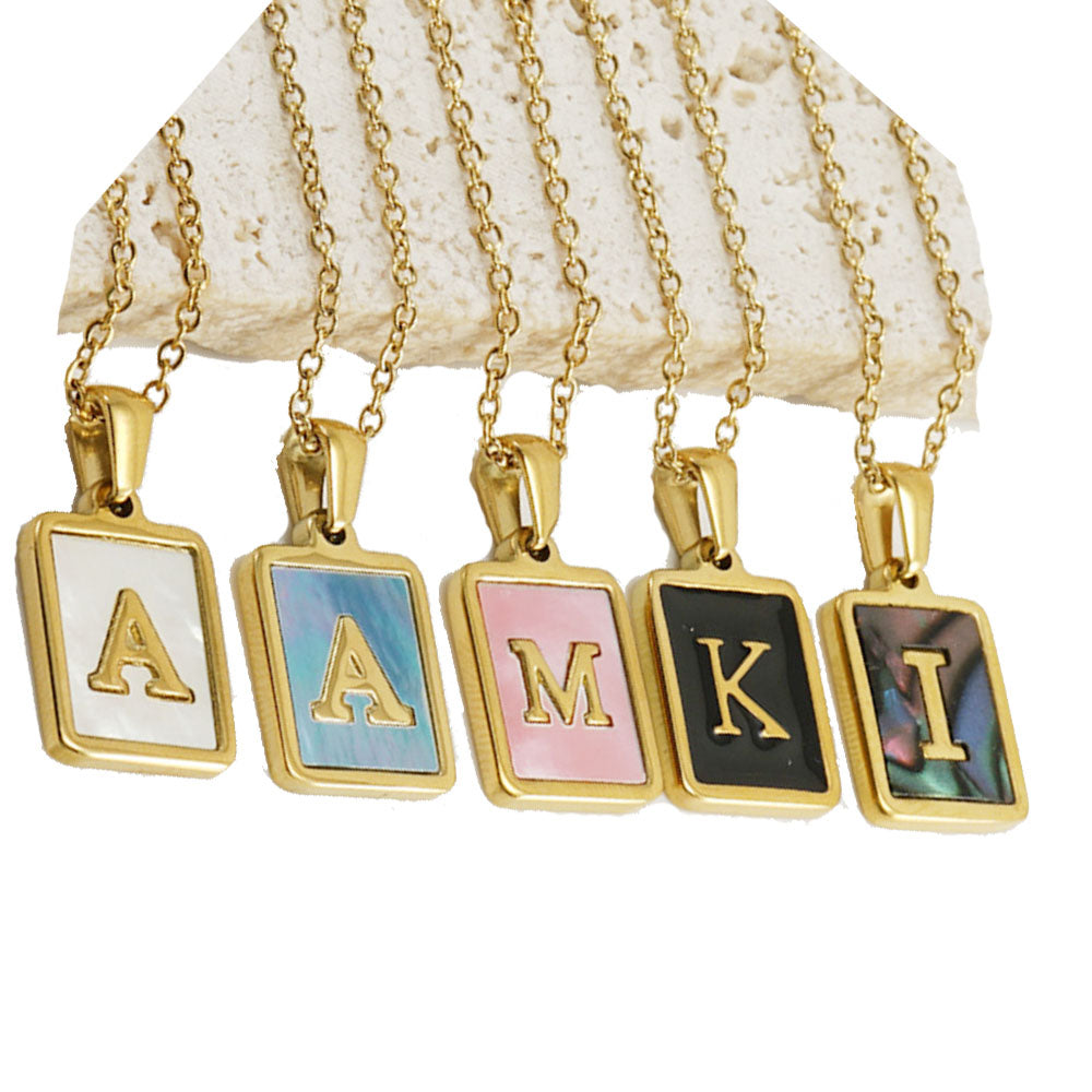 stainless steel 18k gold plated with single capital alphabet letter necklace natural shell inlay square pendant initial jewelry