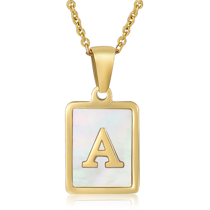 stainless steel 18k gold plated with single capital alphabet letter necklace natural shell inlay square pendant initial jewelry