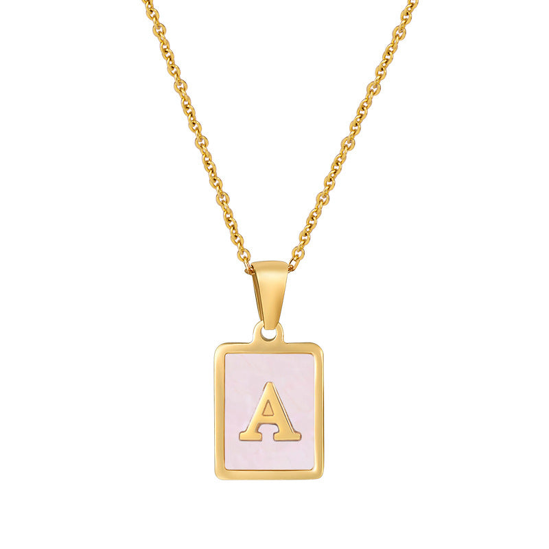 stainless steel 18k gold plated with single capital alphabet letter necklace natural shell inlay square pendant initial jewelry