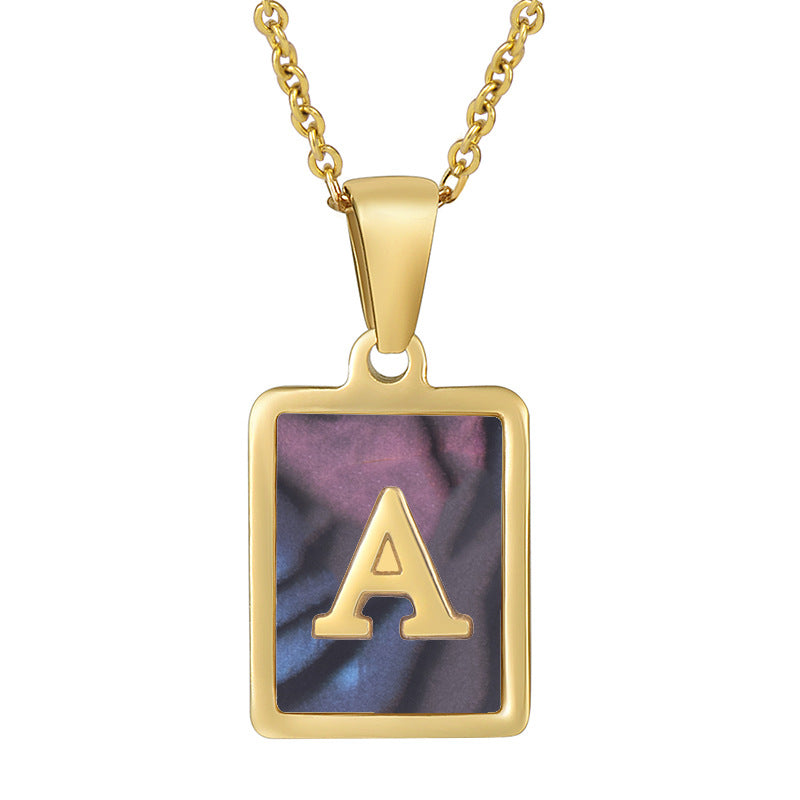 stainless steel 18k gold plated with single capital alphabet letter necklace natural shell inlay square pendant initial jewelry