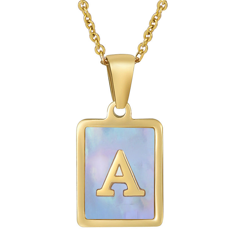 stainless steel 18k gold plated with single capital alphabet letter necklace natural shell inlay square pendant initial jewelry