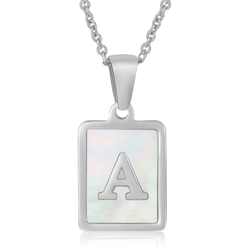 stainless steel 18k gold plated with single capital alphabet letter necklace natural shell inlay square pendant initial jewelry