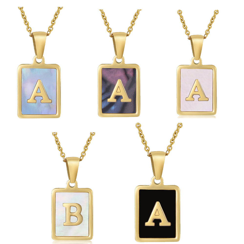 stainless steel 18k gold plated with single capital alphabet letter necklace natural shell inlay square pendant initial jewelry