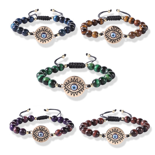 wholesale luxury natural gemstone healing tiger eye bead d-evil eye charm adjustable bracelet jewelry male women