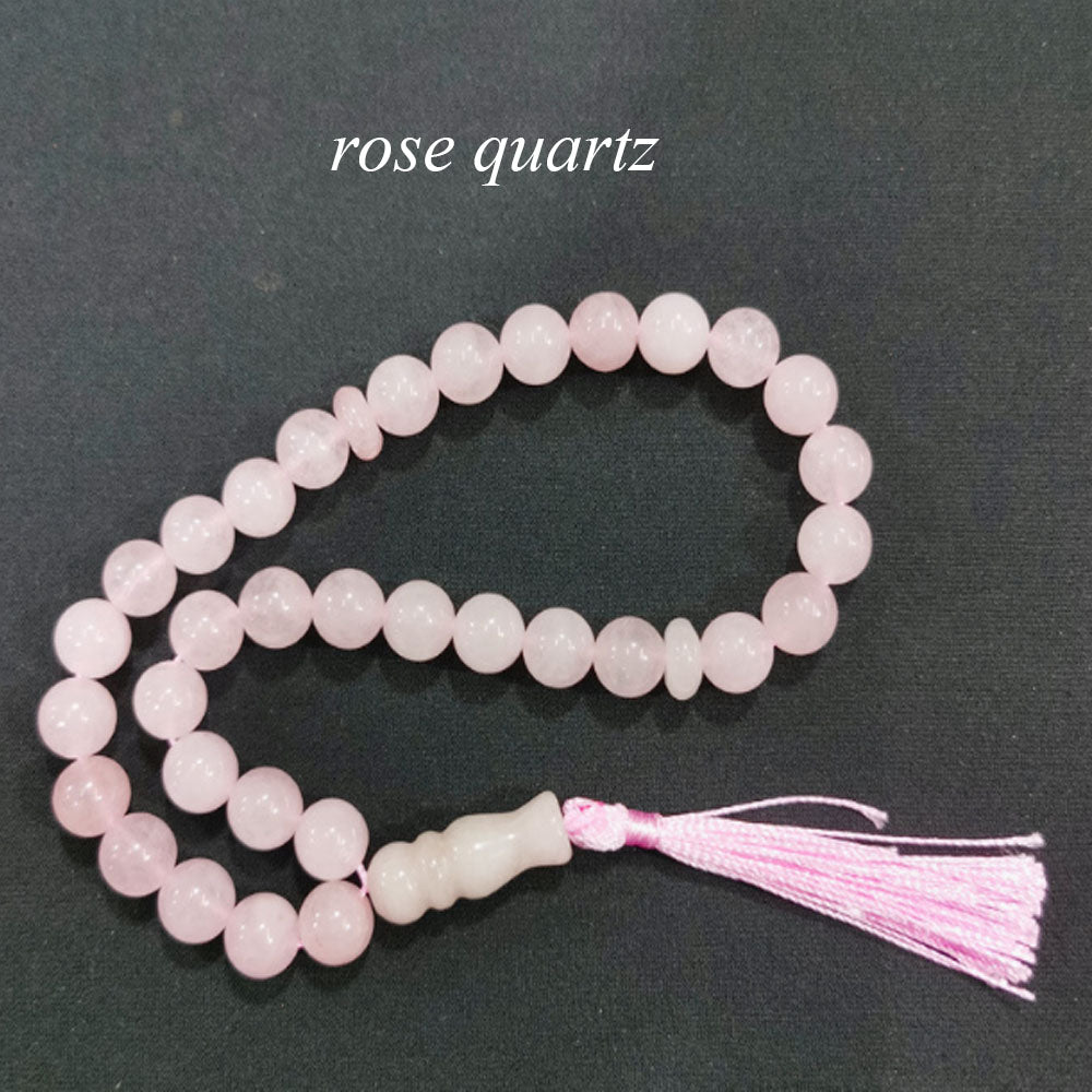 handmade boho natural gemstone rose quartz agate islamic muslim prayer 33 beads wrist bracelet tasbih tassel pendant accessory