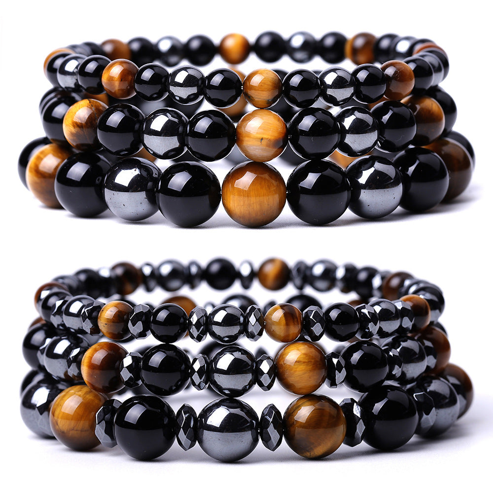 genuine black onyx hematite tiger eye crystal stone beads combo adjustable elastic bracelet for weight loss men and women