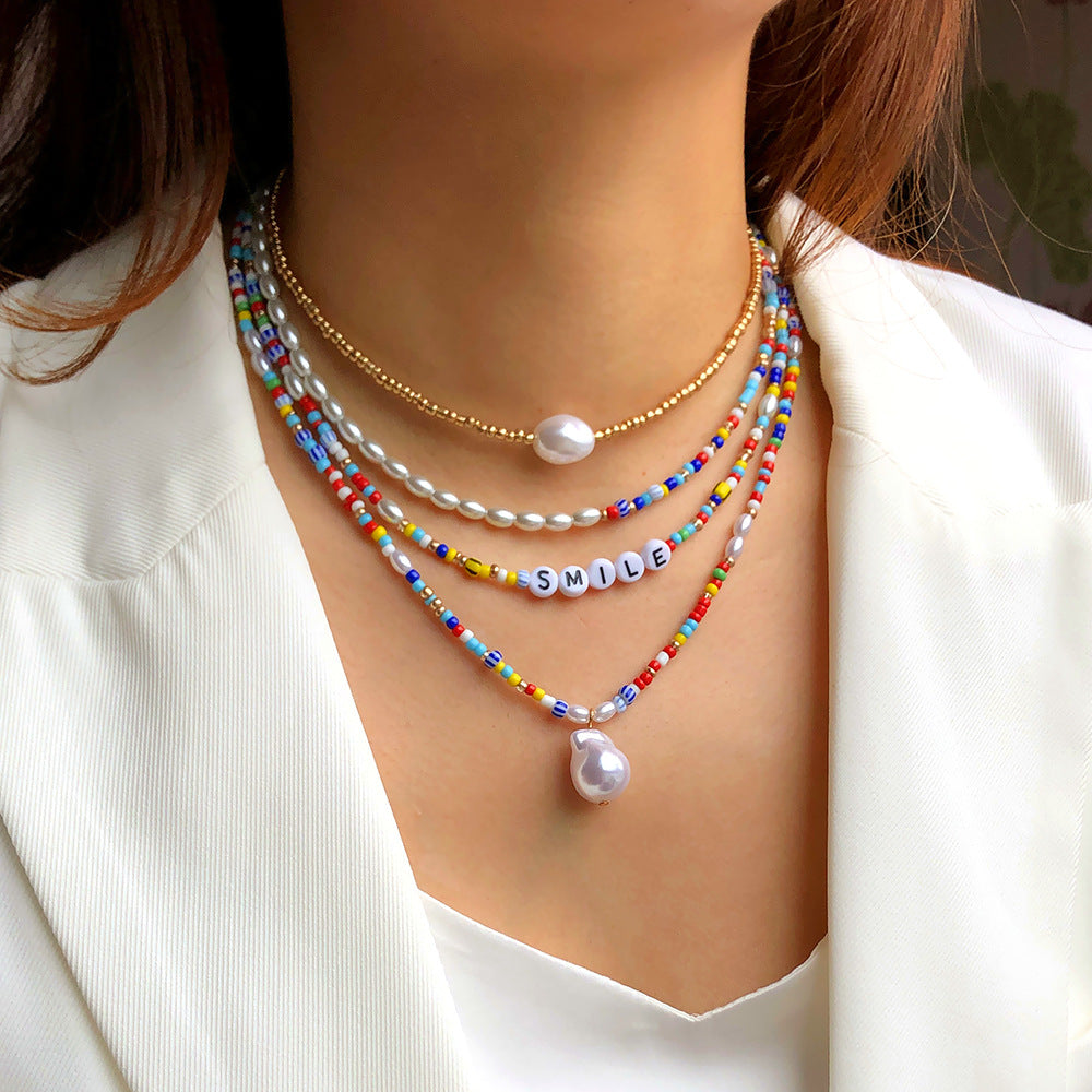 handmade colorful bohemian layers glass seed beads abs pearl beads smile letter charm layered necklace jewelry