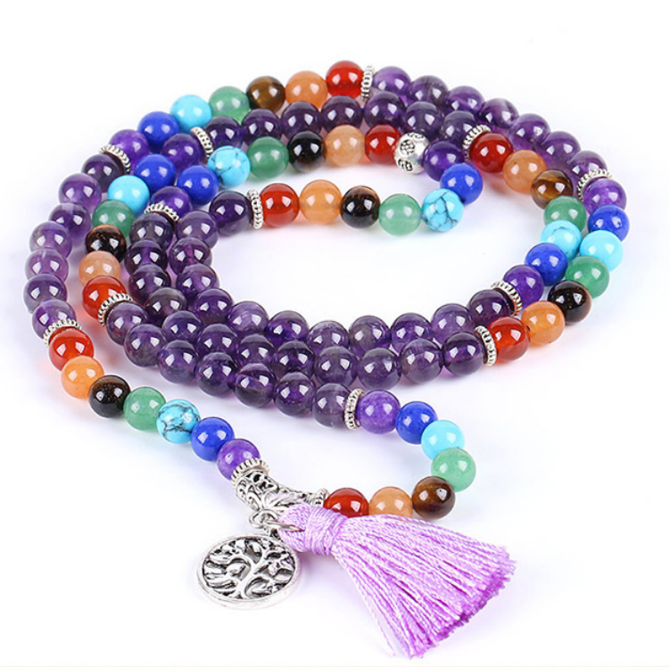 Natural 7 Chakra Bracelet Tiger Eye Gem-stone Handmade Elastic Cord Tassel Yoga Mala Meditation Prayer Beaded Jewelry Bracelet