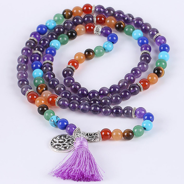 Natural 7 Chakra Bracelet Tiger Eye Gem-stone Handmade Elastic Cord Tassel Yoga Mala Meditation Prayer Beaded Jewelry Bracelet