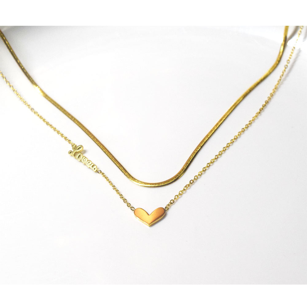 boho fashion stainless steel snake chain two layers birthday snake chain link heart pendant necklace women 18k gold plated