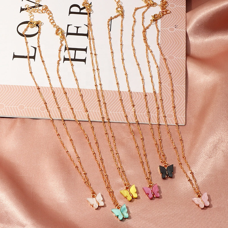 6 colors available fashion trendy resin acrylic pendant butterfly  with beads chain necklace jewelry women