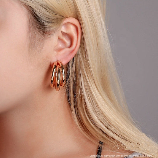 Vintage multi layered geometric triple hoops earrings trendy minimalist gold plated hoop earrings