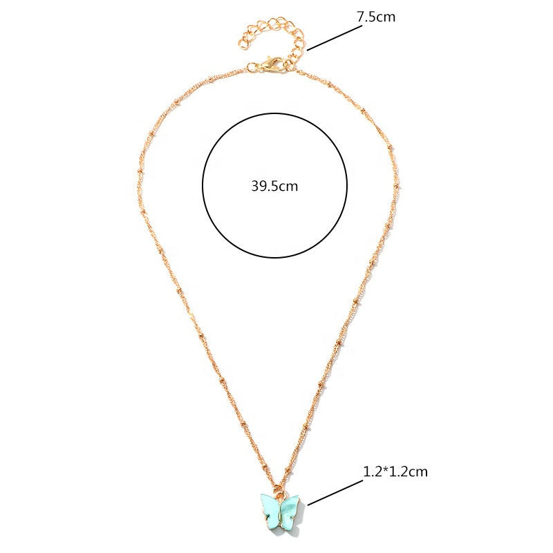 6 colors available fashion trendy resin acrylic pendant butterfly  with beads chain necklace jewelry women