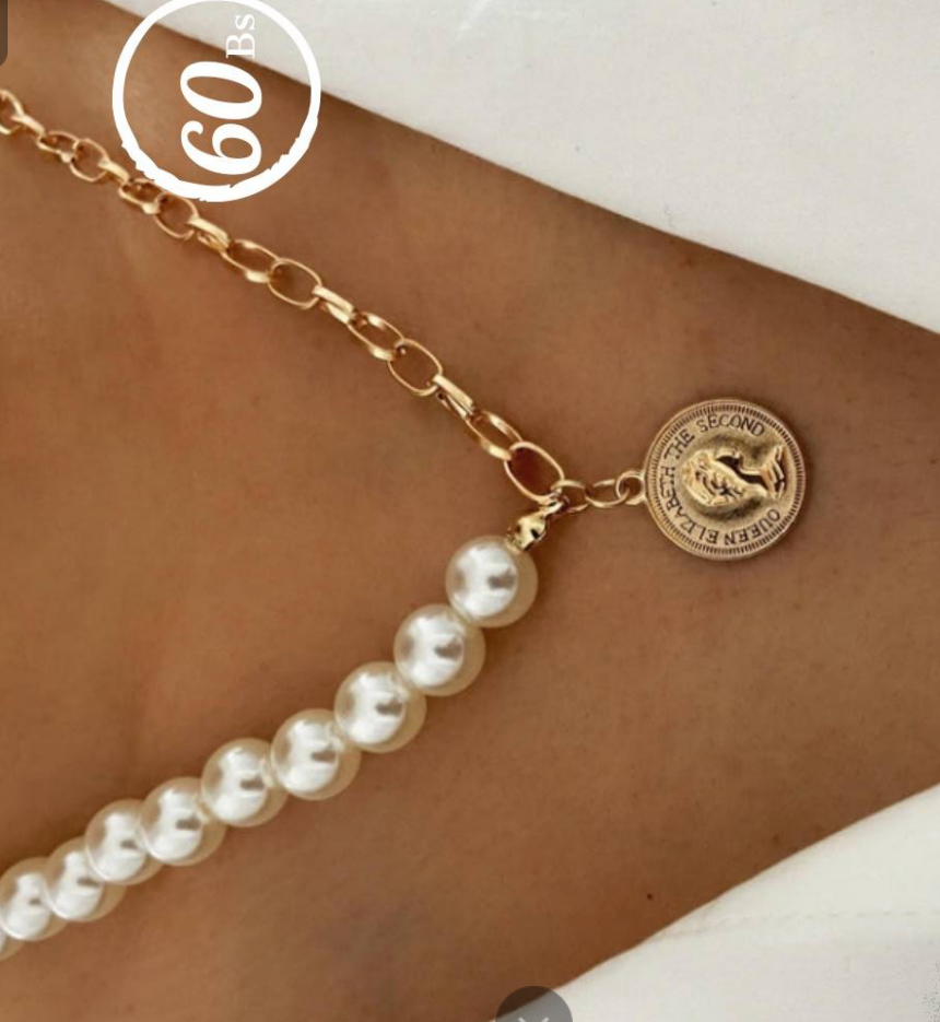 fashion brass alloy abs pearl beads with Elizabeth Queen Coin Pendant Necklace Jewelry for Women