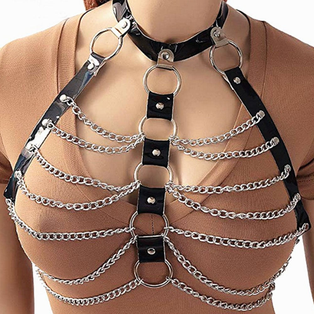 bright color sexy body cage bondage bra crop top drape chain harness jewelry for night club